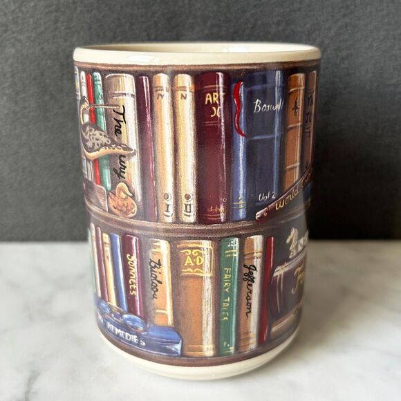 Bookshelf Mug Colorful Book Spines & Clock-Bell-Magnifying Glass Coffee Cup - Picture 2 of 6